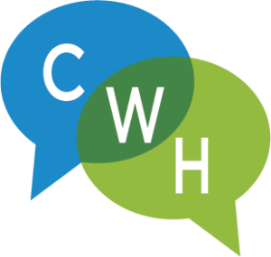 One blue and one green conversation bubble overlapping with the letters CWH for Conversations Worth Having