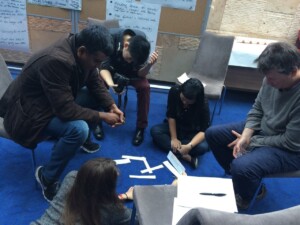 Several members of an Appreciative Inquiry Core Team working together in a group setting; some in chairs and some on the floor with materials surrounding them.