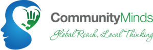 Community Minds logo shows a blue silhouette of a head. Inside the head is a heart with a green hand inside of it. The Community Minds slogan, Global Reach Local Thinking is written to the right of the image.