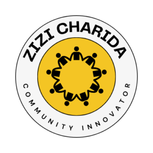 Logo for Zizi Charida's Community Innovator consists of a yellow circle. Within the circle, there are people icons that are holding hands to form an inner circle.