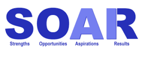 SOAR Logo consists of the acronym SOAR with the words Strengths, Opportunities, Aspirations, and Results written underneath.
